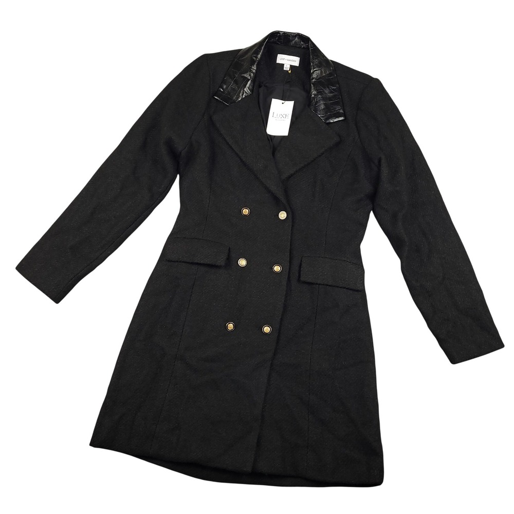 Lost + Wander Womens Blazer Mini Dress Large Black Wool Blend Double Breasted